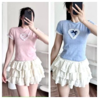 Áo Thun nữ cổ tròn tay ngắn Fom ôm phối ren trái tim dễ thương