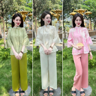 Pháp phục đi chùa, Bộ lam đi chùa chất liệu Tơ đính nơ tiểu thư, trang phục truyền thống