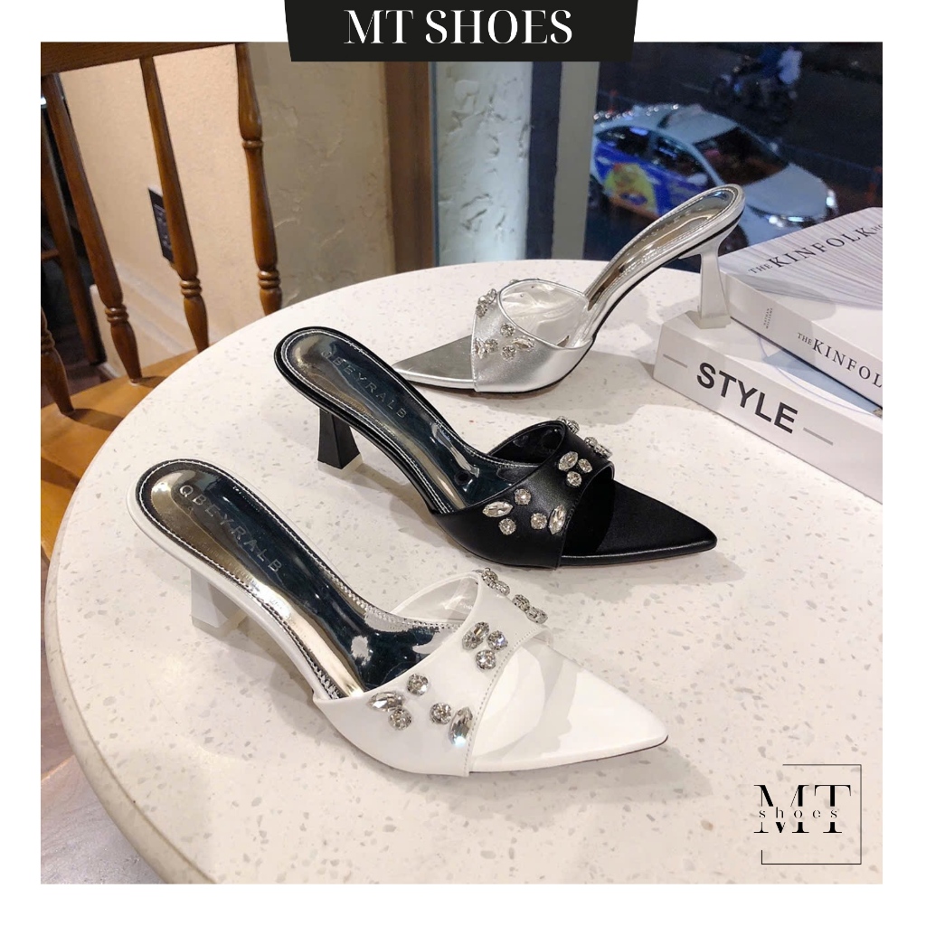 Guốc nữ cao gót 7cm quai ngang đính charm đá sang chảnh form đẹp tôn chân MT Shoes GN040