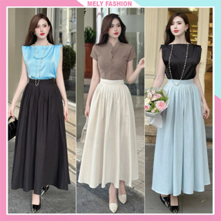 Chân váy linen xếp li midi dáng xòe dài 90cm qua gối túi 2 bên có lớp lót phong cách công sở Hàn Quốc Mely Fashion CV88