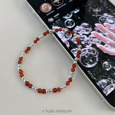Lắc tay bạc nữ TLEE Charm bi bạc bóng mix hạt đá Ngọc hồng lựu tự nhiên may mắn, đào hoa TLEE JEWELRY LT0234