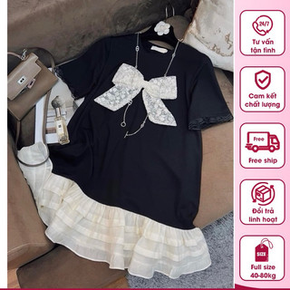 Váy yt51, đầm suông đính nơ phối chân voan tiểu thư from rộng