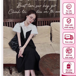 Đầm sơ mi phối thân sang chảnh form rộng dáng dài, váy bầu công sở phối sơ mi trắng thanh lịch