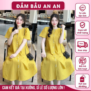 Váy bầu cộc tay cổ tròn dáng babydoll suông rộng thiết kế 3 tầng thời trang, vải đũi gân mềm mát