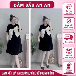 Váy bầu cộc tay cổ tròn dáng suông dài đính nơ thời trang, đầm bầu vải đũi lụa mềm mát V36