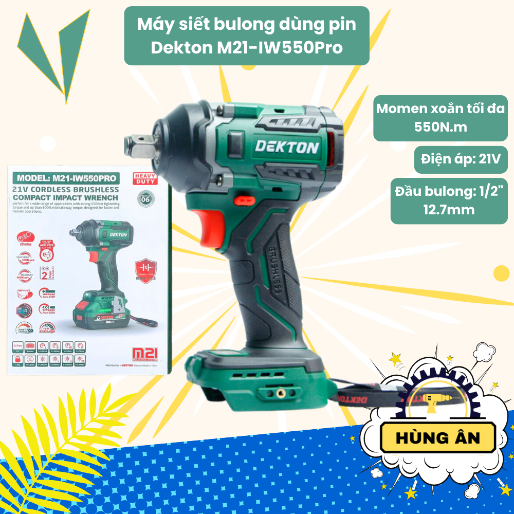  Máy siết bulong Dekton 550N.m - IW550Pro Lực siết 550N.m Bảo hành chính hãng 6 tháng 