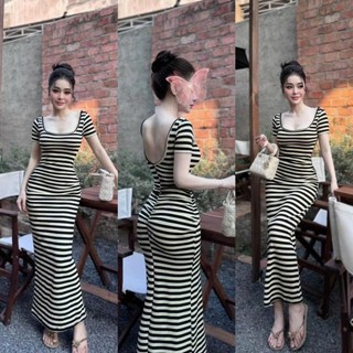 Đầm váy nữ body thun gân kẻ sọc họa tiết cổ vuông khoét lưng sang chảnh, tôn dáng phù hợp đi dự tiệc, đi biển