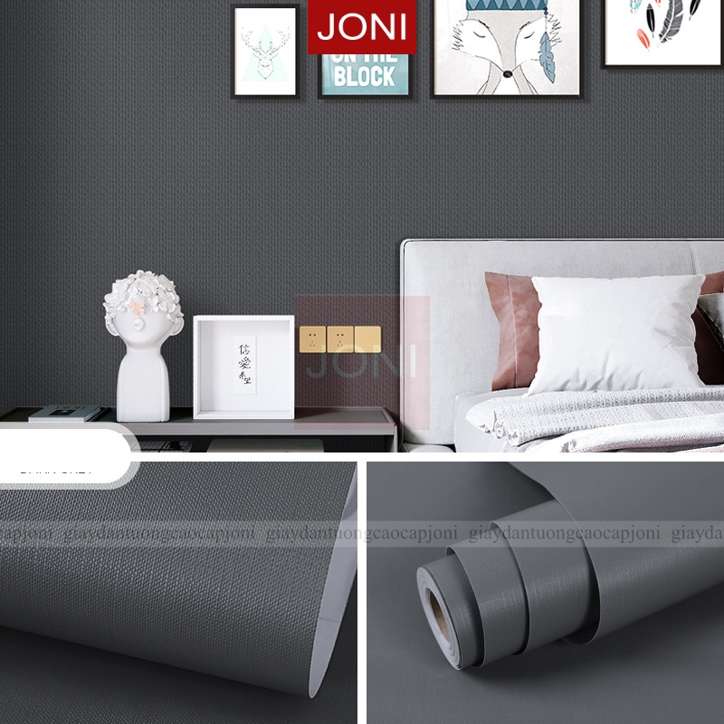 Giấy dán tường màu xám có keo sẵn cuộn 10m trang trí phòng ngủ chống thấm nước JONI