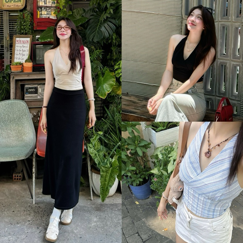 (ẢNH OLDSCHOOL) (KHÔNG KÈM MÚT) Áo croptop linen cổ yếm cột dây basic
