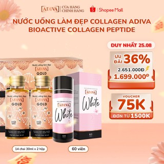 Combo 2 Hộp Nước Uống Làm Đẹp Collagen ADIVA Gold (28 Chai) + 1 Hộp Viên Uống Trắng Da ADIVA White 60 Viên
