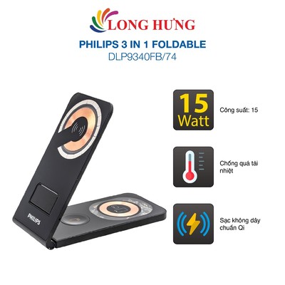 Đế sạc không dây Magnectic Wireless Philips 3 in 1 Foldable DLP9340FB/74 - Hàng chính hãng