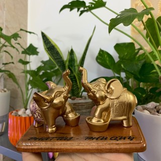 [Tượng con voi] Set 2 tượng voi đá thỏi vàng trang trí quà tặng tân gia - Đế gỗ - Màu nhũ đồng