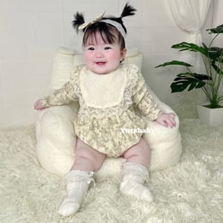 Bodysuit Cho Bé Set 3 Chi Tiết Body Xô Muslin Thỏ Kèm Yếm Và Turban Nơ Ren Xinh Xắn