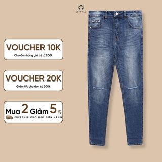 Quần jean nam CEFFYLO rách gối màu xanh đậm chất mềm mại thoải mái dáng slimfit ôm nhẹ thời trang nam trẻ trung