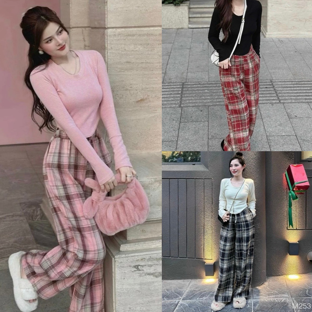 Quần nữ ống rộng chất vải dạ họa tiết kẻ hot trend cạp chun lưng cao mặc 4 mùa
