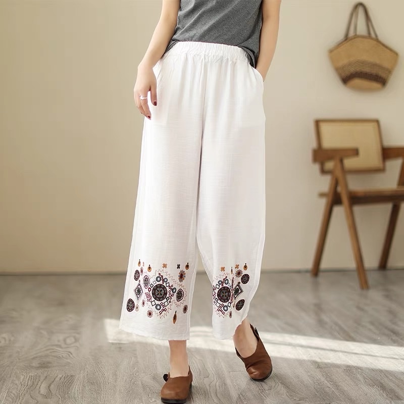Quần Ống Rộng Culottes Nữ H&A Chất Lanh Thêu Họa Tiết Thổ Cẩm Phong Cách Retro Mùa Xuân Mùa Hè