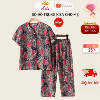 Bộ trung niên SULA cho mẹ, cho bà, đồ mặc nhà cho người già, hoa nhí cài cúc