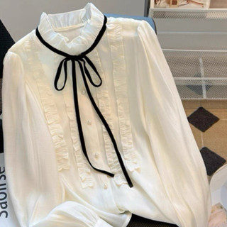 [ẢNH THẬT] SẴN Áo sơ mi cotton cồ vèo cột nơ viền bánh bèo chạy viền cột nơ siêu xinh tiểu thư dịu dàng Hàn Quốc ulzzang
