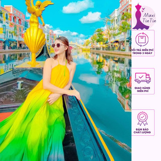 [Sẵn Hoả Tốc] Đầm váy maxi đi biển omber loang xanh cổ yếm siêu xinh sang chảnh
