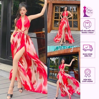 [New Maxi] Đầm maxi đi biển khoen cut eo xẻ tà omber loang cam đỏ sang chảnh sành điệu-MaxiTinTin