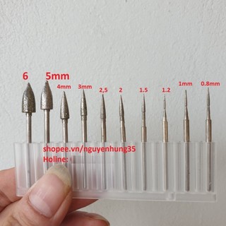 Mũi mài kim cương nhọn hình ten lua cán 2mm hay 2.35mm mài doa điêu khắc trạm khắc đá ngọc doa lỗ bảng mạch