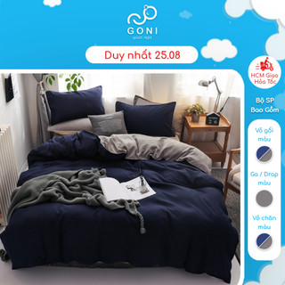 Bộ chăn mền ga gối GONI Tici màu Xanh Navy Xám - Ga drap giường bo chun cao 4-25cm kích thước 1m, 1m2,1m4, 1m6, 1m8, 2m2