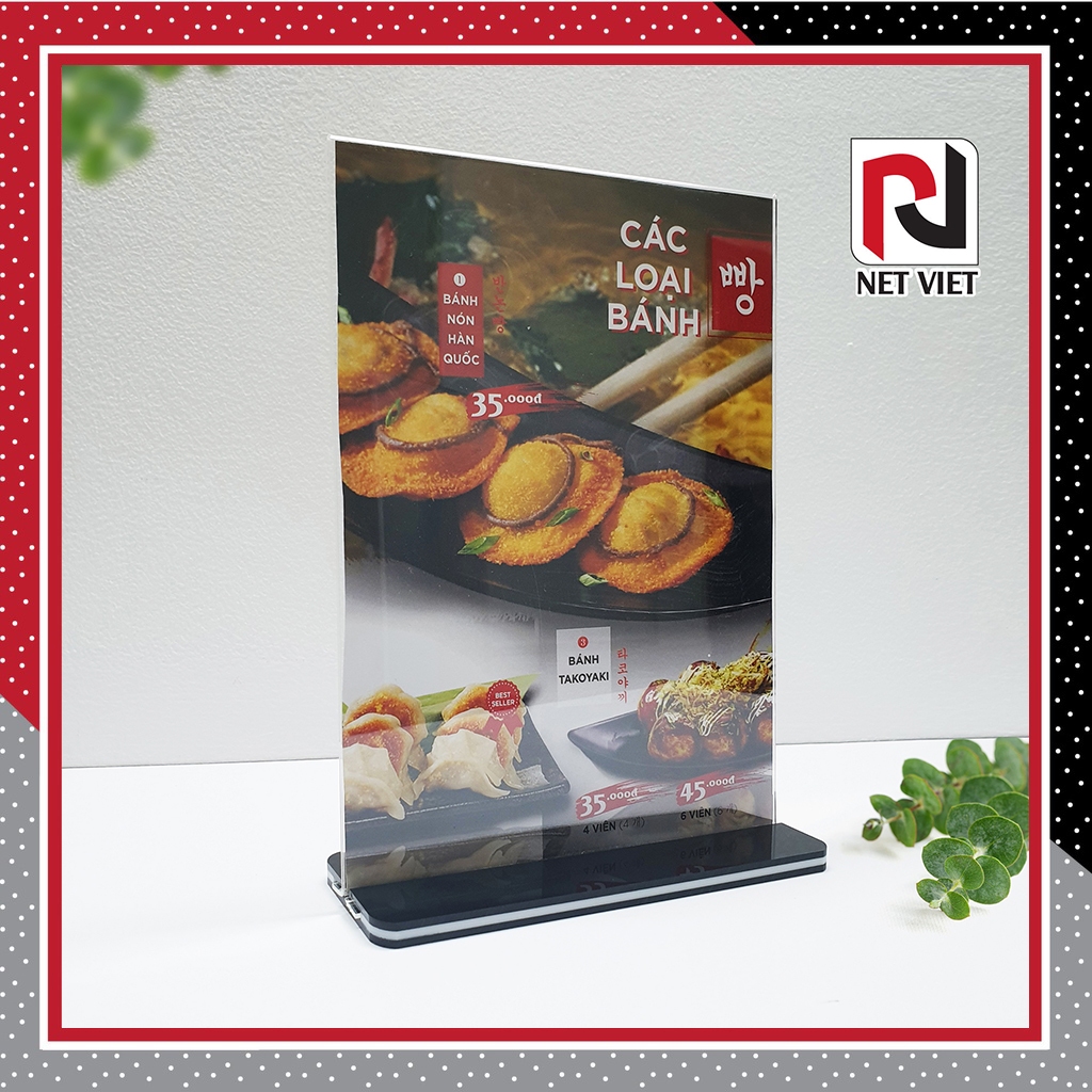 Menu Mica A4, Menu để bàn A5, A6 Đế lùa 02 mặt, Mica Đài Loan