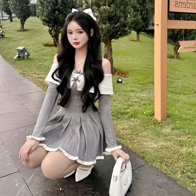 Váy Trễ Vai Tiểu Thư Bo Tăm Dáng Xoè Phối Trắng 2 Nơ Nhỏ Có Quần Trong | BigBuy360 - bigbuy360.vn