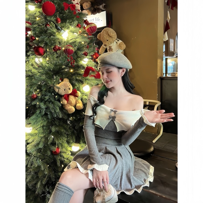 Váy Trễ Vai Tiểu Thư Bo Tăm Dáng Xoè Phối Trắng 2 Nơ Nhỏ Có Quần Trong | BigBuy360 - bigbuy360.vn