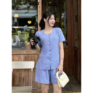 Set bộ ngắn Nhật Vy áo cổ tròn xẻ tà 2 bên quần ngắn có túi chất linen phù hợp đi chơi - D3122