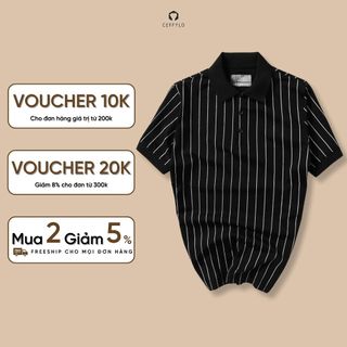 Áo polo nam CEFFYLO Họa Tiết Kẻ Sọc màu đen chất cotton thoáng khí mềm mịn hạn chế nhăn dáng ôm nhẹ thời trang nam