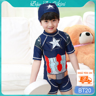 Đồ bơi liền quần bé trai, hình Đội trưởng Mỹ Captain, chất thun bơi lạnh mịn đẹp dày dặn, bộ bơi chuẩn bé trai | BT20