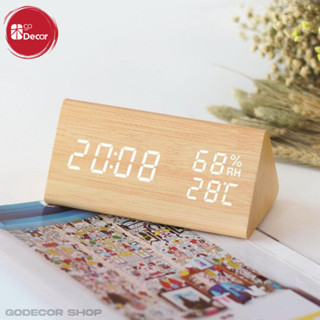 Đồng Hồ Led Tam Giác Giả Gỗ Đo Nhiệt Độ, Độ Ẩm, Báo Thức Hiện Đại Cho Phòng Ngủ, Phòng Khách