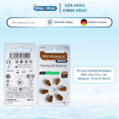 Pin Máy Trợ Thính Mimitakara, Size 312, 1.4V, Không Sạc, Lỗ Tai [PR41] (6 Viên/Vỉ)