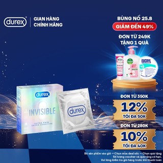 Bao cao su Durex Invisible siêu mỏng, size 52mm, hộp 3 bao