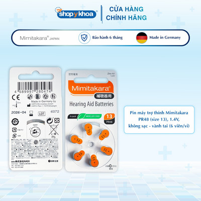 Pin Máy Trợ Thính Mimitakara, Size 13, 1.4V, Không Sạc, Vành Tai [PR48] (6 Viên/Vỉ)