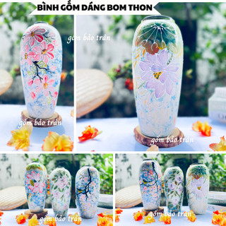 Lọ hoa gốm, bình hoa gốm, dáng bom miệng nhỏ BÁT TRÀNG cao cấp men 3D, họa tiết vẽ sen , đào , phong lan 3D độc đáo