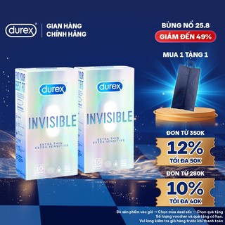 Bộ 2 hộp bao cao su Durex Invisible siêu mỏng, bôi trơn size 52mm, hộp 10 bao