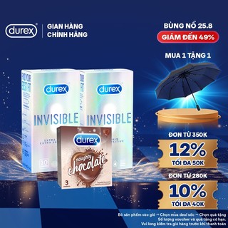 Bộ 2 hộp bao cao su Durex Invisible siêu mỏng (52mm, 10 bao/hộp)+ 1 Durex Naughty Chocolate hương choco (52mm,3 bao/hộp)