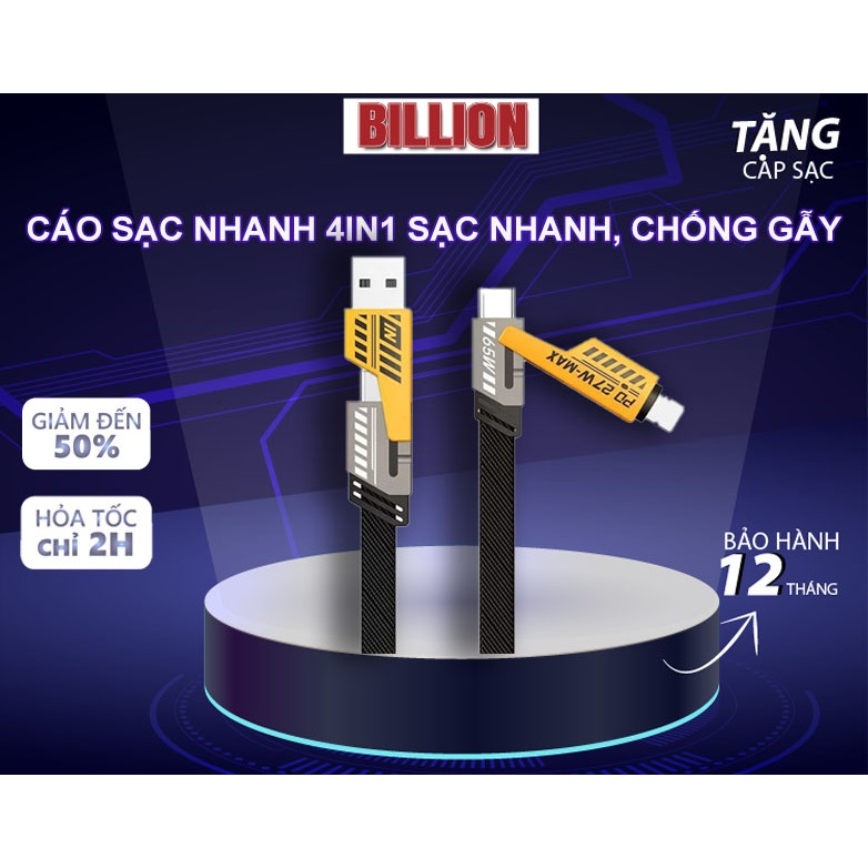Cáp Sạc Nhanh 4 Đầu 65W Cổng C-L, C-C, USB-C, USB-L Đa Năng 4 Trong 1 Hỗ Trợ Sạc Nhanh Tiện Lợi