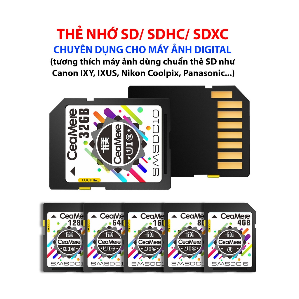 Thẻ nhớ SD/ SDHC/ SDXC cho máy ảnh kỹ thuật số Digital Camera sử dụng chuẩn thẻ SD 1GB, 2GB, 4GB, 8GB, 16GB, 32GB, 64GB