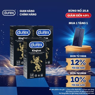 Bộ 3 Durex Kingtex, ôm sát, bôi trơn size 49mm, hộp 12 bao