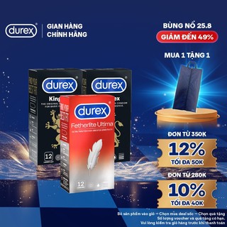 Bộ 2 hộp Durex Kingtex ôm sát size 49mm và 1 hộp Durex Fetherlite Ultima siêu mỏng size 52mm, hộp 12