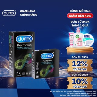 Bộ bao cao su Durex Performa kéo dài thời gian size 52mm, 1 hộp 12 bao và 1 hộp 3 bao