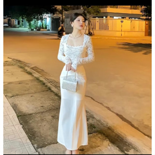  Váy Ren Dài Tay Liền thân phối váy umi duyên dáng hàn quốc tiểu thư phù hợp tiệc tùng đêm muộn with loves,frendly 