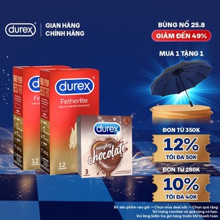 Bộ 2 hộp Durex Fetherlite siêu mỏng (52.5 mm, 12 bao) và 1 hộp Durex Naughty Chocolate (52mm, 3 bao)