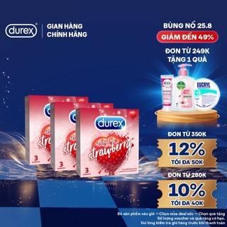 Bộ 3 hộp Durex Sensual Strawberry hương dâu (size 53mm, 3 bao/hộp)