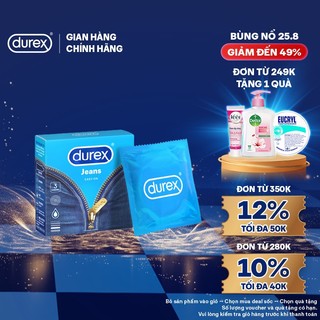 Durex Jeans cơ bản, bôi trơn, size 52.5mm, hộp 3 bao
