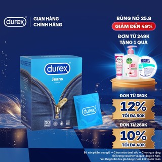  Bao cao su Durex Jeans cơ bản, bôi trơn, size 52.5mm, hộp 30 bao
