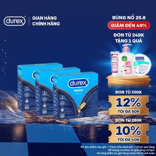 Bộ 3 hộp Durex Jeans cơ bản, bôi trơn (size 52.5mm, 3 bao/hộp)